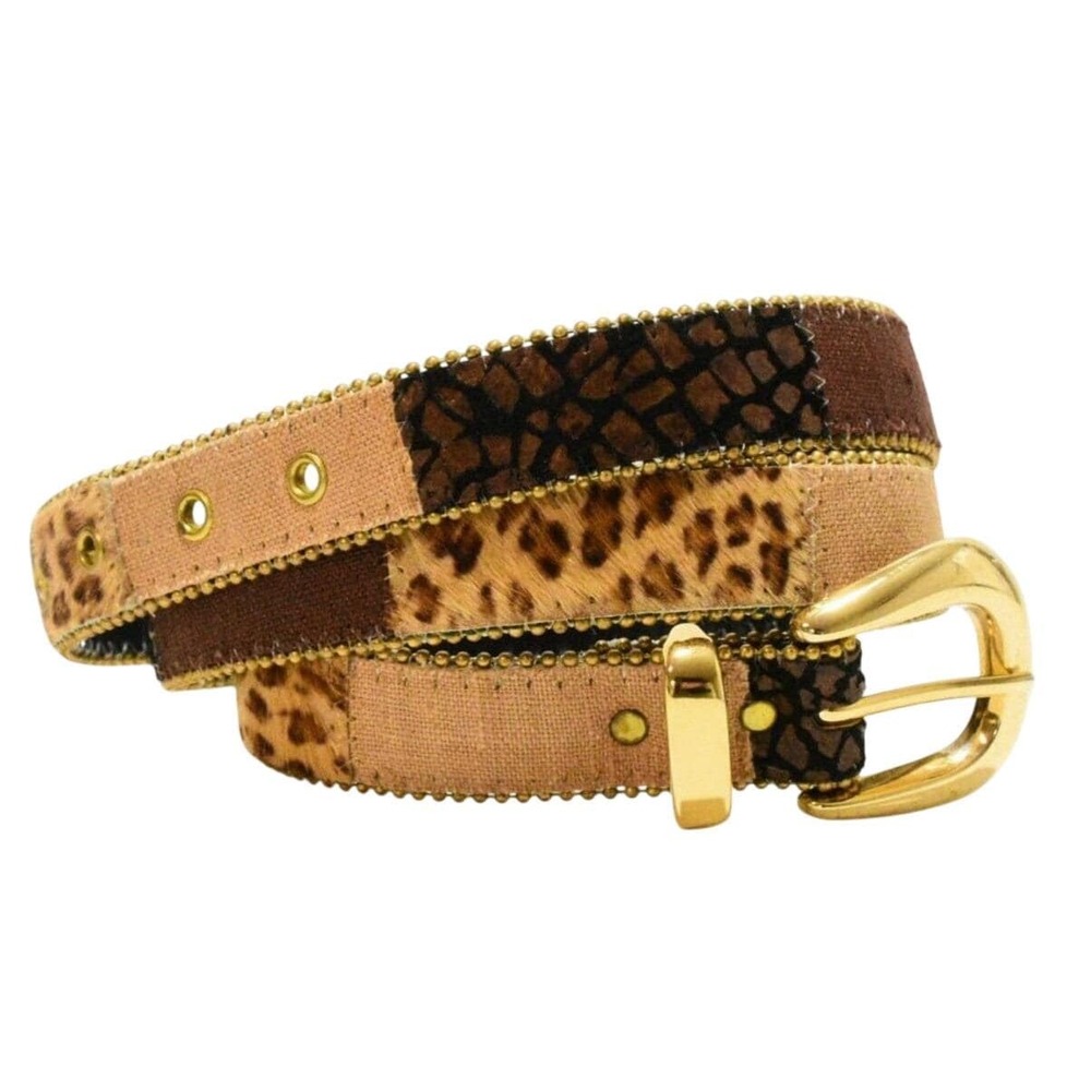 80s Vintage Animal Print Belt Womens M Leopard Hair on Hide Leather Gold Buckle